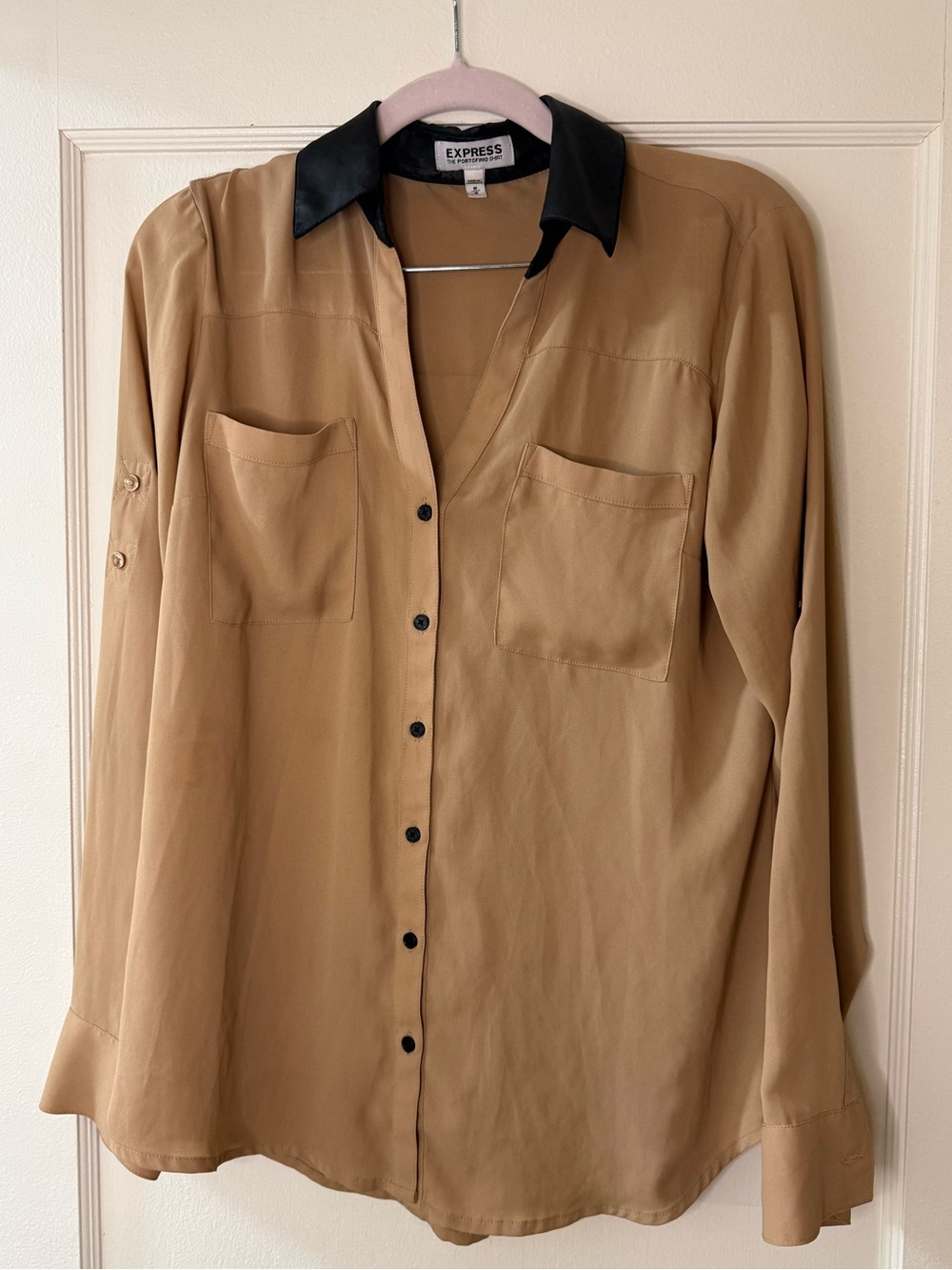 Express Women’s Tan Button-Up Shirt with Black Collar